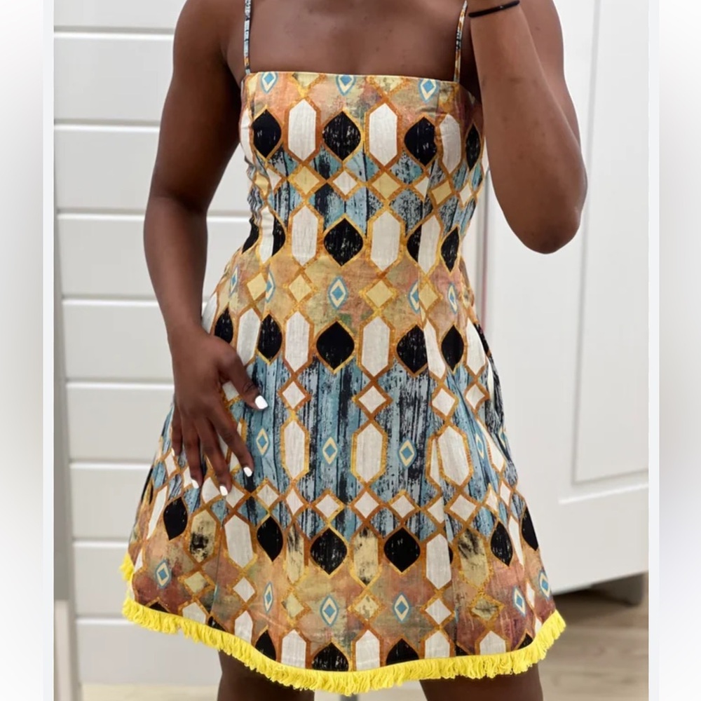 Christian Lacroix Printed Geometric Sundress in Yellow and Blue